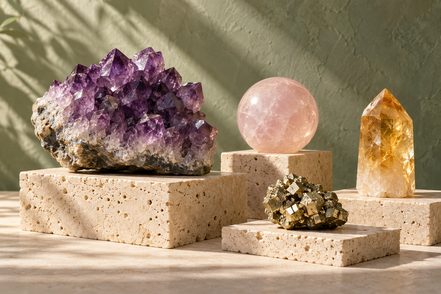 Amethyst, rose quartz, citrine and pyrite arranged on natural stone